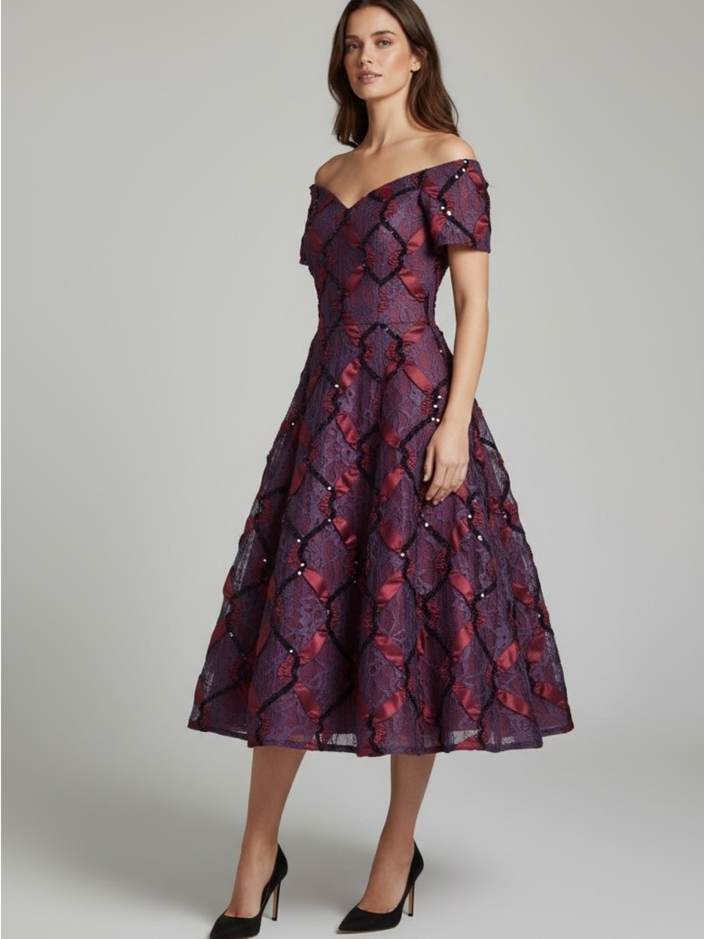 Betsy & Adam Off-Shoulder Purple and Burgundy Evening Midi Dress